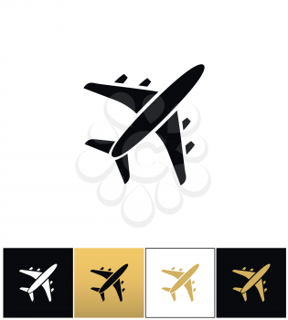 Black air plane silhouette vector icon. Black air plane silhouette pictograph on black, white and gold background