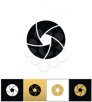 Camera shutter or photography diaphragm vector icon. Camera shutter or photography diaphragm pictograph on black, white and gold background