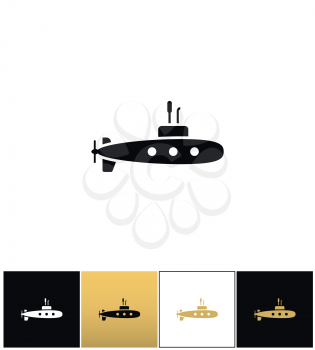 Deep water submarine vector icon. Deep water submarine pictograph on black, white and gold background