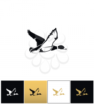 Flying duck silhouette or hunting target vector icon. Flying duck silhouette or hunting target pictograph on black, white and gold background