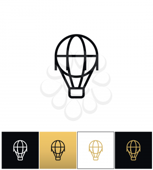 Hot air balloon line vector icon. Hot air balloon line pictograph on black, white and gold background