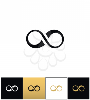 Infinity symbol or cycle eternity vector icon. Infinity symbol or cycle eternity pictograph on black, white and gold background
