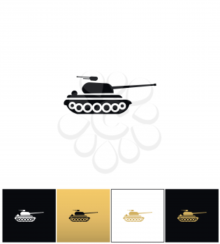 Military tank sign or fire warfare artillery vector icon. Military tank sign or fire warfare artillery pictograph on black, white and gold background