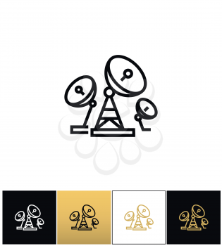 Telecommunications or radio broadcasting antenna vector icon. Telecommunications or radio broadcasting antenna pictograph on black, white and gold background