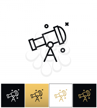 Telescope or astronomy sky looking vector icon. Telescope or astronomy sky looking pictograph on black, white and gold background