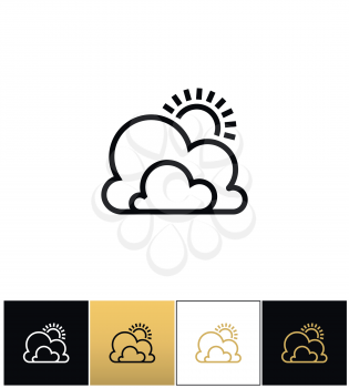 Weather symbol or sun and clouds outline vector icon. Weather symbol or sun and clouds outline pictograph on black, white and gold background