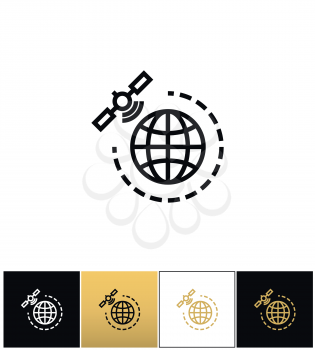 World gps satellite vector icon. World gps satellite pictograph on black, white and gold background
