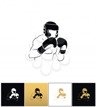 Boxer silhouette or boxing combat vector icon. Boxer silhouette or boxing combat pictograph on black, white and gold backgrounds
