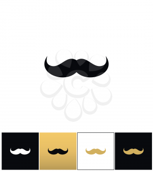 Curly mustache 70s retro man vector icon. Curly mustache 70s retro man pictograph on black, white and gold backgrounds