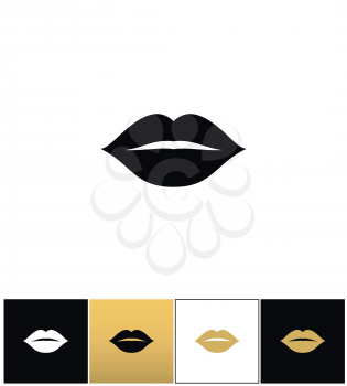 Female lips kiss print vector icon. Female lips kiss print pictograph on black, white and gold backgrounds