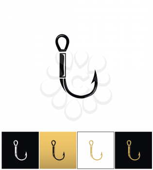 Fish hook or fishing line angle vector icon. Fish hook or fishing line angle pictograph on black, white and gold backgrounds