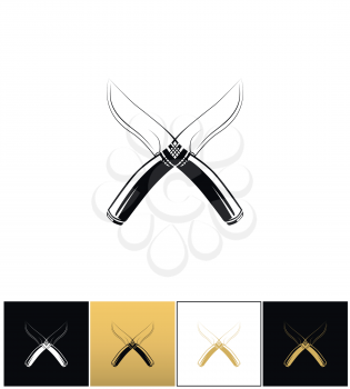 Hunting combat crossing knives vector icon. Hunting combat crossing knives pictograph on black, white and gold backgrounds