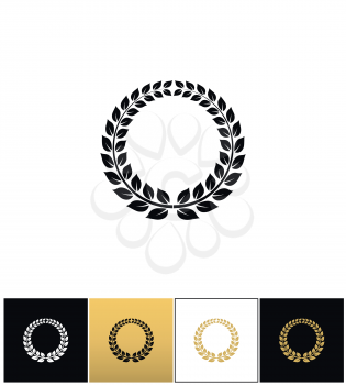 Wreath with laurel leaves vector icon. Wreath with laurel leaves pictograph on black, white and gold backgrounds