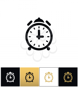 Alarm clock with bells vector icons on black, white and gold backgrounds