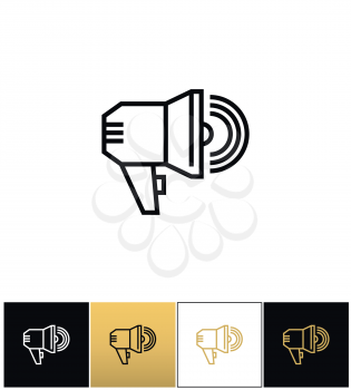 Announcement megaphone sign, loudspeaker or bullhorn vector icons on black, white and gold backgrounds