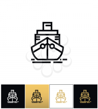 Cargo ship sign or cruise shipping vector icons on black, white and gold backgrounds