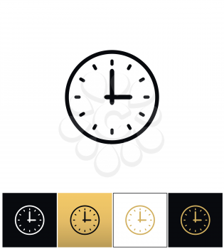 Clock sign or simple time vector icons on black, white and gold backgrounds
