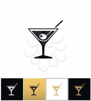 Cocktail glass sign with martini vodka and olive vector icons on black, white and gold backgrounds