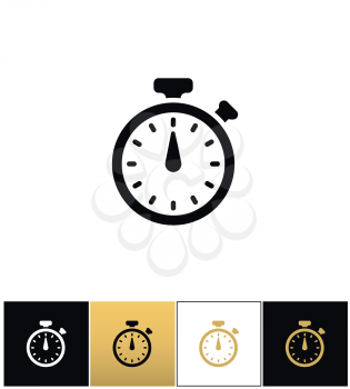 Stopwatch sign or quick accurate analogue clock chronometer timer  vector icons on black, white and gold backgrounds