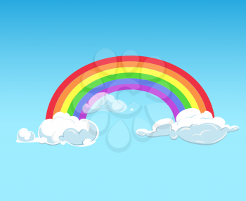 Rainbow and clouds against blue sky. Summer weather freedom background. Vector illustration