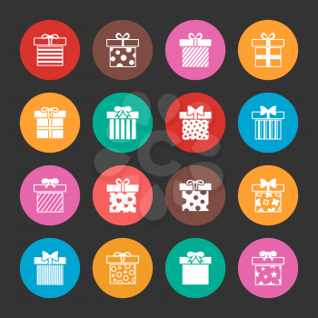 Gift boxes vector icons set over black. Present object with ribbon illustration