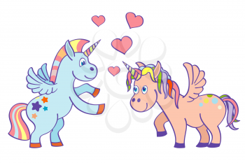 Vector hand drawn unicorns in love. Fairy magic animal illustration