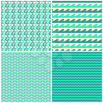 Set of vector aqua green waves seamless patterns. Green sea wave illustration