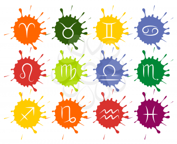 Set of vector Zodiac signs colorful paint drops. Zodiac sign on splash paint illustration