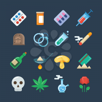 Illegal drug tablets, alcohol addiction, methamphetamine abuse vector flat icons. Set of drugs heroin and smoking, illustration of hallucinogenic mushroom and collection of drug
