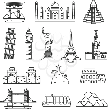 International country landmark vector line icons. Set of landmarks famous monument, stonehenge landmark and coliseum illustration