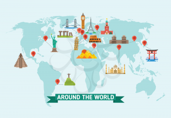 Travel landmarks on world map vector illustration. World monuments of architecture stonehenge and kremlin, international set of famous monuments