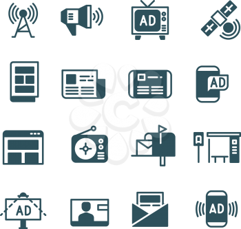 Advertisement on screen, advertising on television, outdoor ad, online ads vector icons. Advertisement and announcement broadcast radio, advertising in newspaper and TV illustration