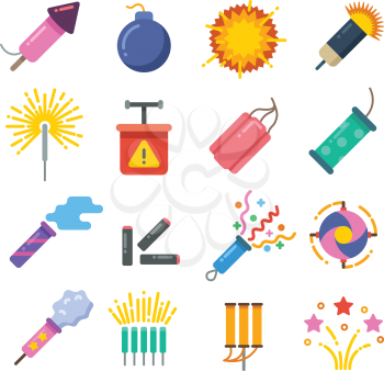 Holiday fire crackers, sparklers, fireworks and pyrotechnics flat vector icons. Explosion pyrotechnic and firecracker, sparkle colorful from pyrotechnic dynamite illustration