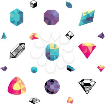 Color crystals, diamond shapes, polygon stones vector set. Crystal stone and gem stone precious illustration