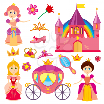 Cute fairytale princess, pink carriage, crown, princess castle, cartoon little girl tiara vector set. Illustration of princess character