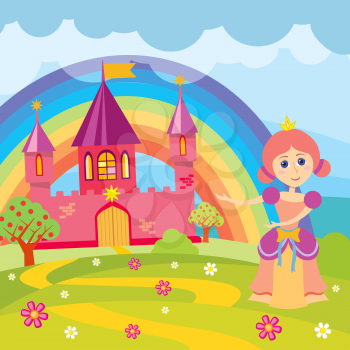Cartoon princess and fairytale castle with landscape vector illustration. Fairytale kingdom with architecture drawing medieval castle