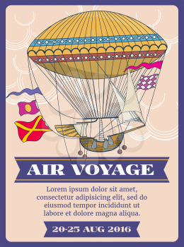 Hot air balloon cartoon vector illustration. Festival air balloon voyage banner, air transport balloon