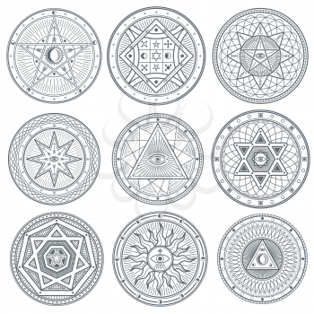 Occult, mystic, spiritual, esoteric vector symbols. Spiritual masonic tattoo symbol, illustration of spiritual religion signs