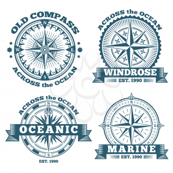 Vintage nautical labels, emblems, logo, badges with compass and ribbons. Compass navigation in ocean, emblem or logo oceanic compass illustration