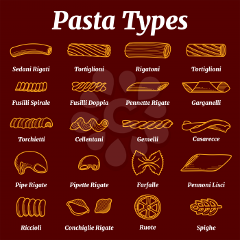 Traditional italian pasta list with names vector set. Types of italian pasta. Illustration of menu with pasta