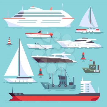 Ships at sea, shipping boats, ocean transport vector icons set. Ocean ship collection, illustration of sea cruise ships