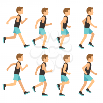 Running athletic man in tracksuit animation frame, sprite sequence vector illustration. Man activity running, sport runner start run