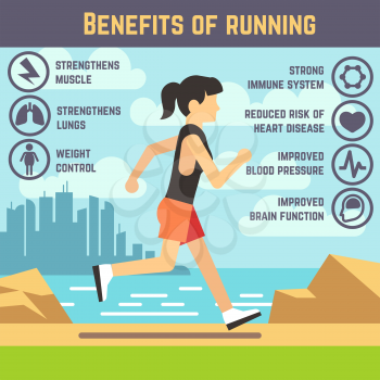 Running female, jogging women, cardio exercise. Health care infographics. Benefits of running for woman, strong immune and strengthen heart and lungs illustration