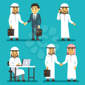 Arabian businessman characters at work in office vector saudi people set. Business arab in clothing traditional, saudi arab man illustration
