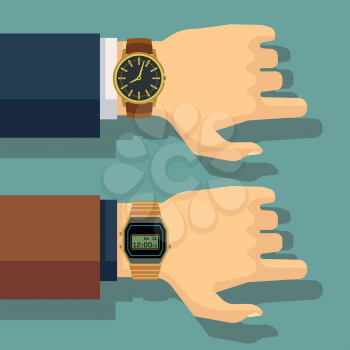 Businessmans hand with wrist watch. Save time, punctuality vector concept. Business wristwatch, human hand with watch illustration