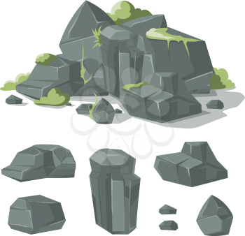 Stones and rocks cartoon nature boulder with grass and moss for game interface design. Vector illustration