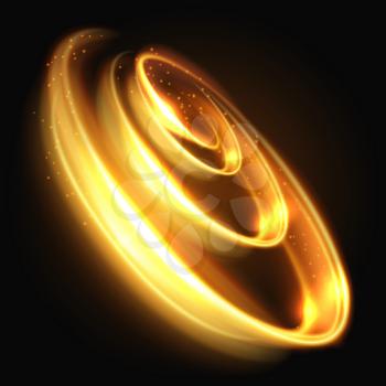 Gold light effect, yellow lighted swirl abstract vector background. Energy light round frame, illustration of swirl light