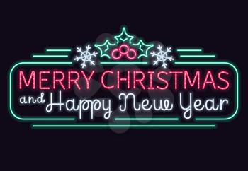 Neon merry christmas and happy new year vector sign, xmas lights shopping billboard
