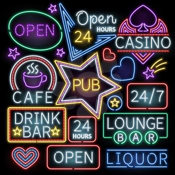 Neon bar illumination vector signs. Illuminated neon cafe and casino, sign neon open illustration