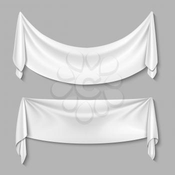 Wrinkled textile drape fabric vector empty white banners set. White sheet for advertisement, illustration of empty fabric sheet